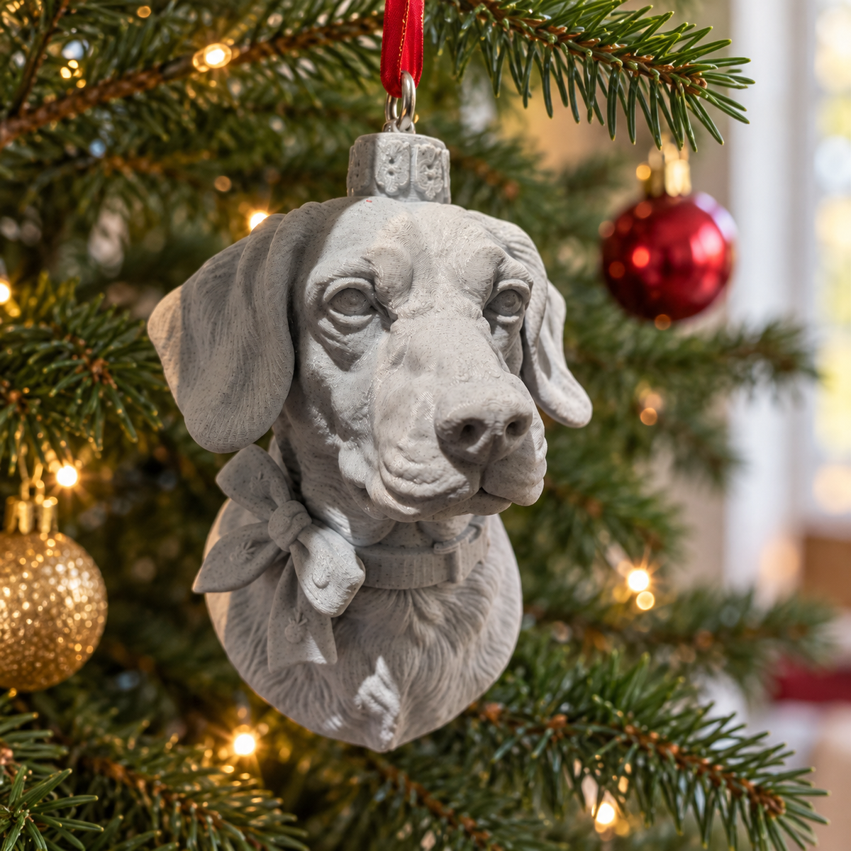 Personalised grey marble-effect pet portrait Christmas bauble hanging from a tree
