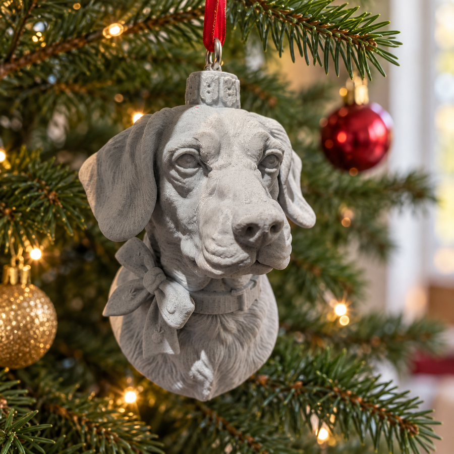 Personalised pet portrait bauble hanging on a Christmas tree