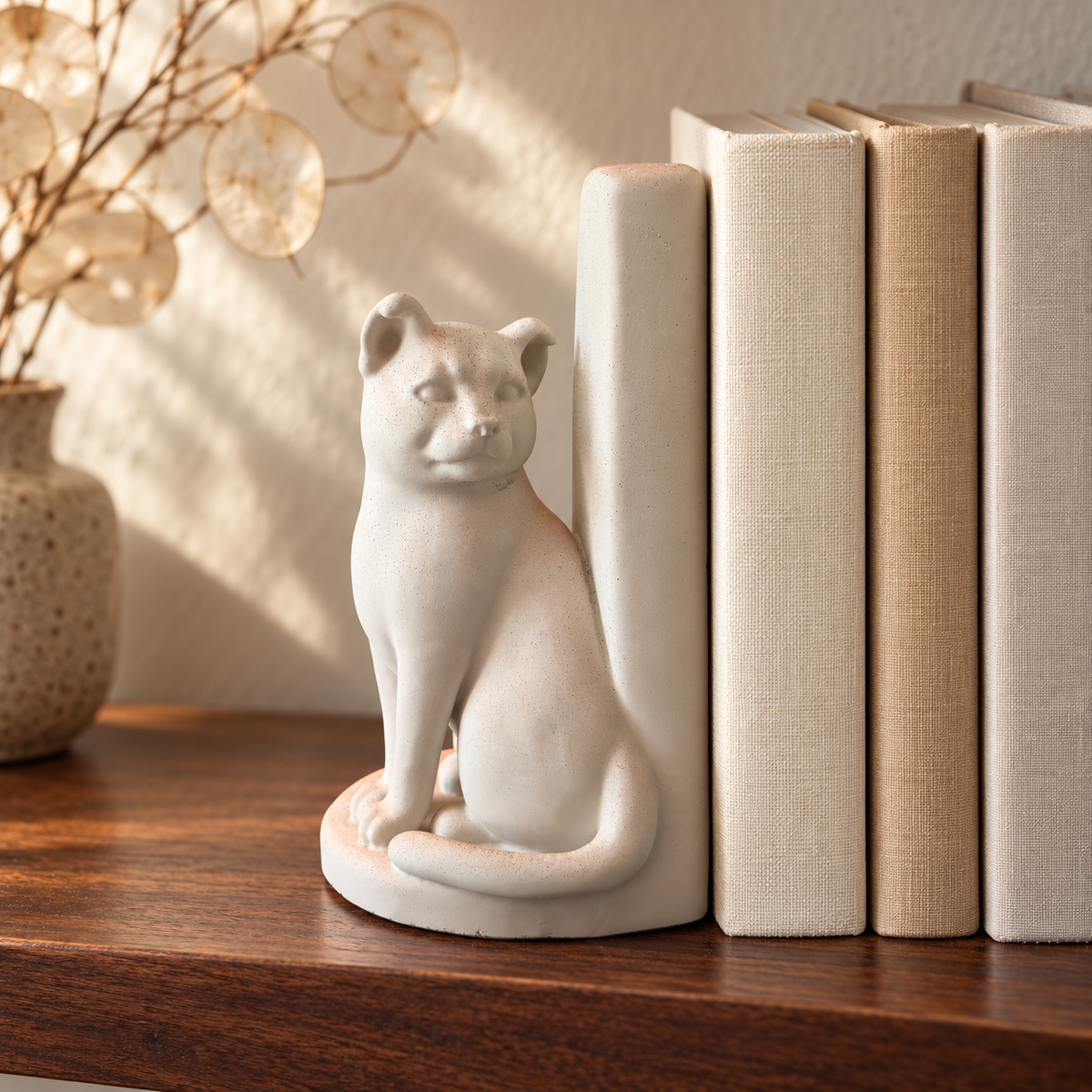 Single pale cat bookend beside cream books