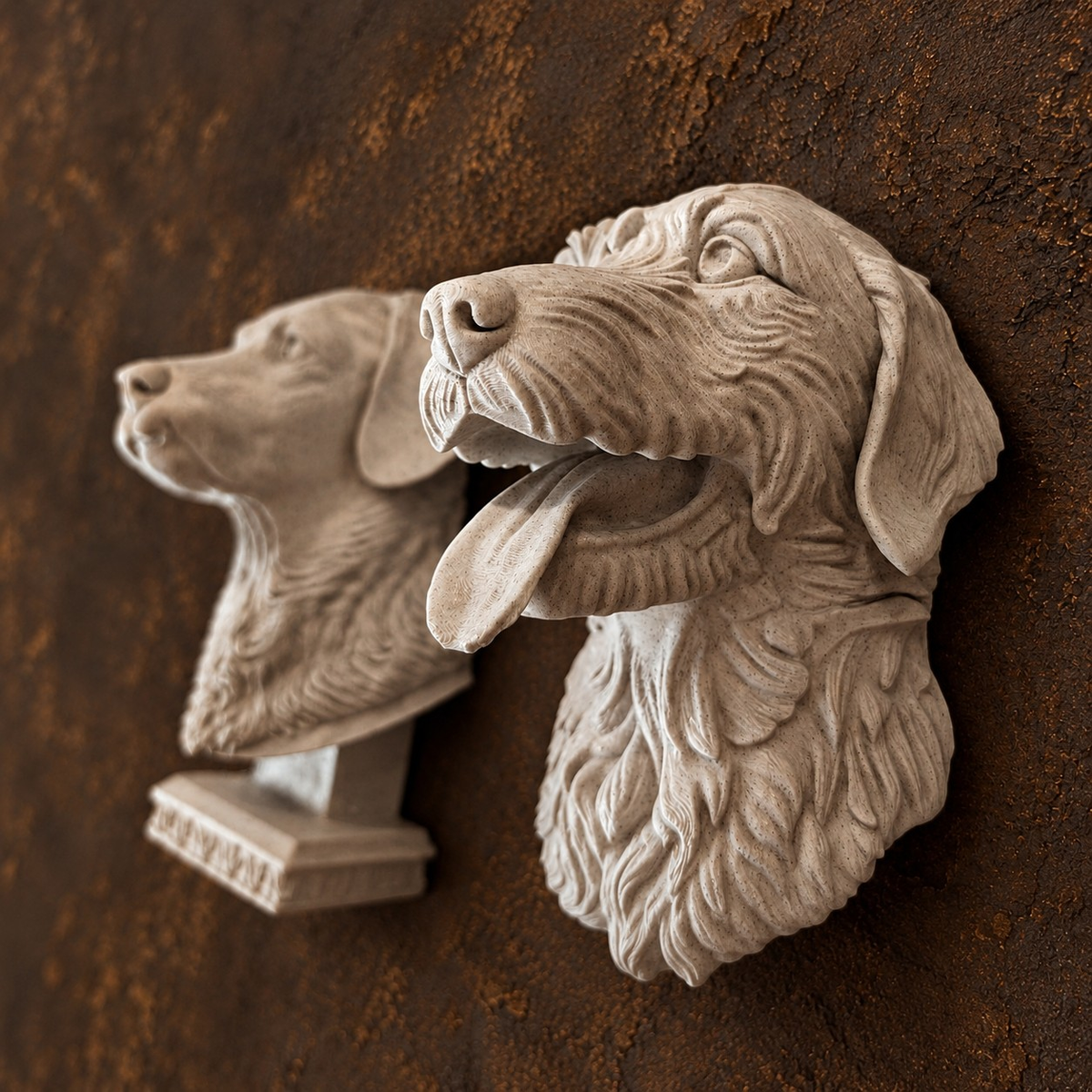 Close-up detail of a personalised dog memorial wall sculpture in a marble-effect finish