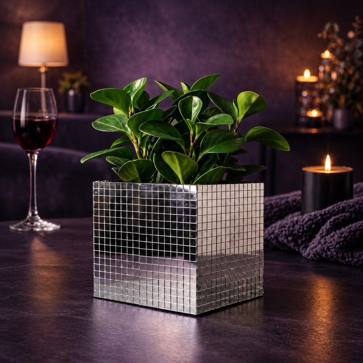 Mirror tile cube planter with peperomia plant, wine glass and candle