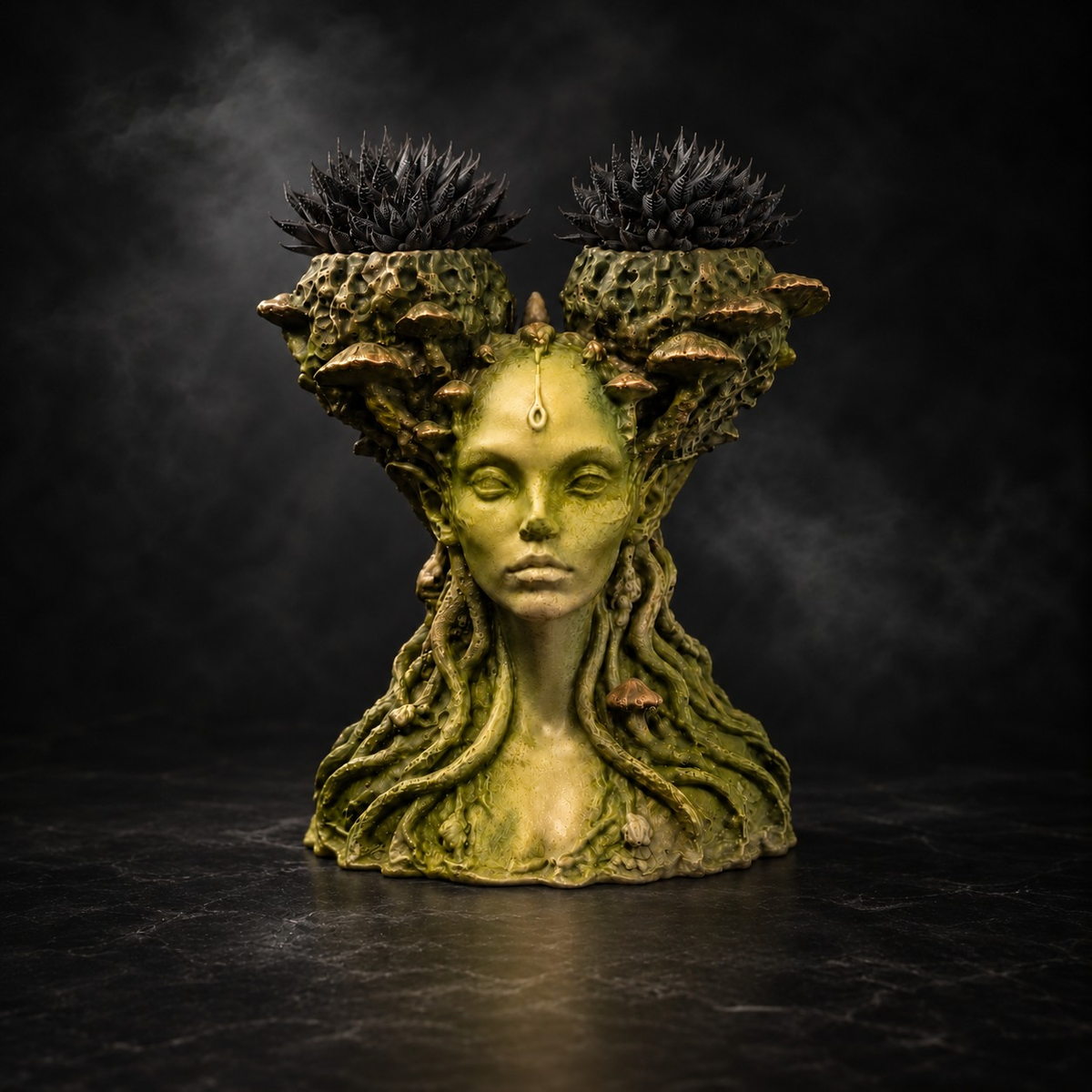 Mycelia Fungal Faerie Queen cast stone mushroom head planter front view