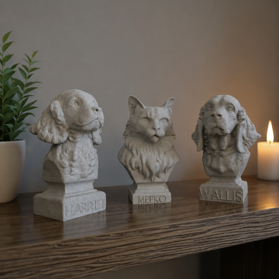 Warm Marble Grey custom pet bust examples with engraved bases