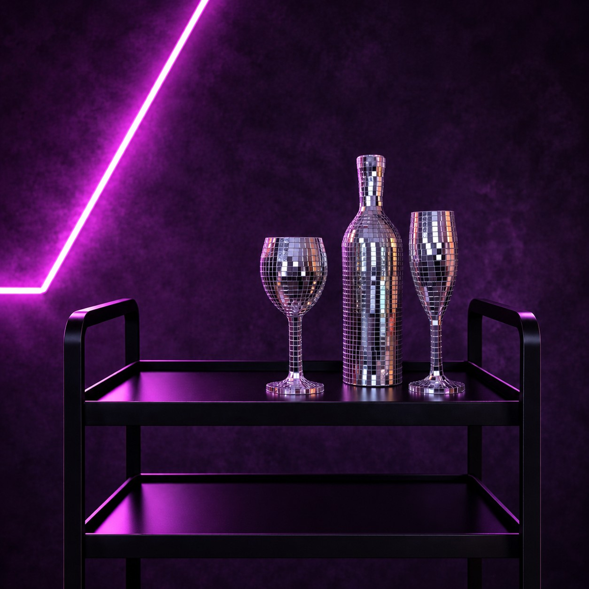 Silver mirror wine glass, wine bottle and champagne flute on a bar cart
