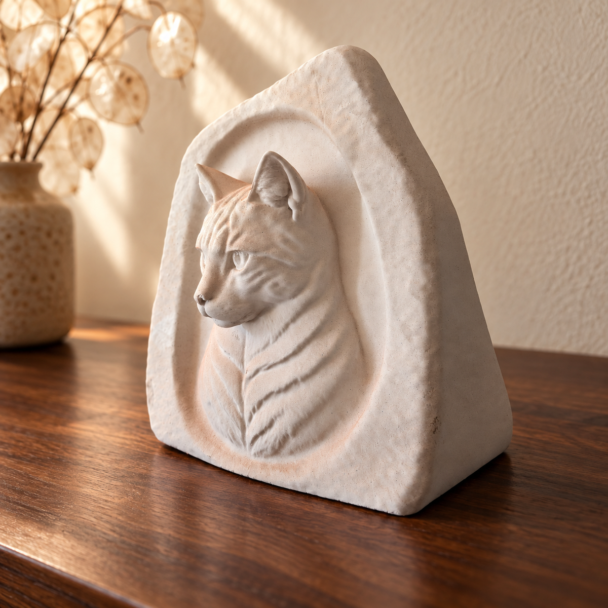 Oblique view showing cat portrait relief and block thickness