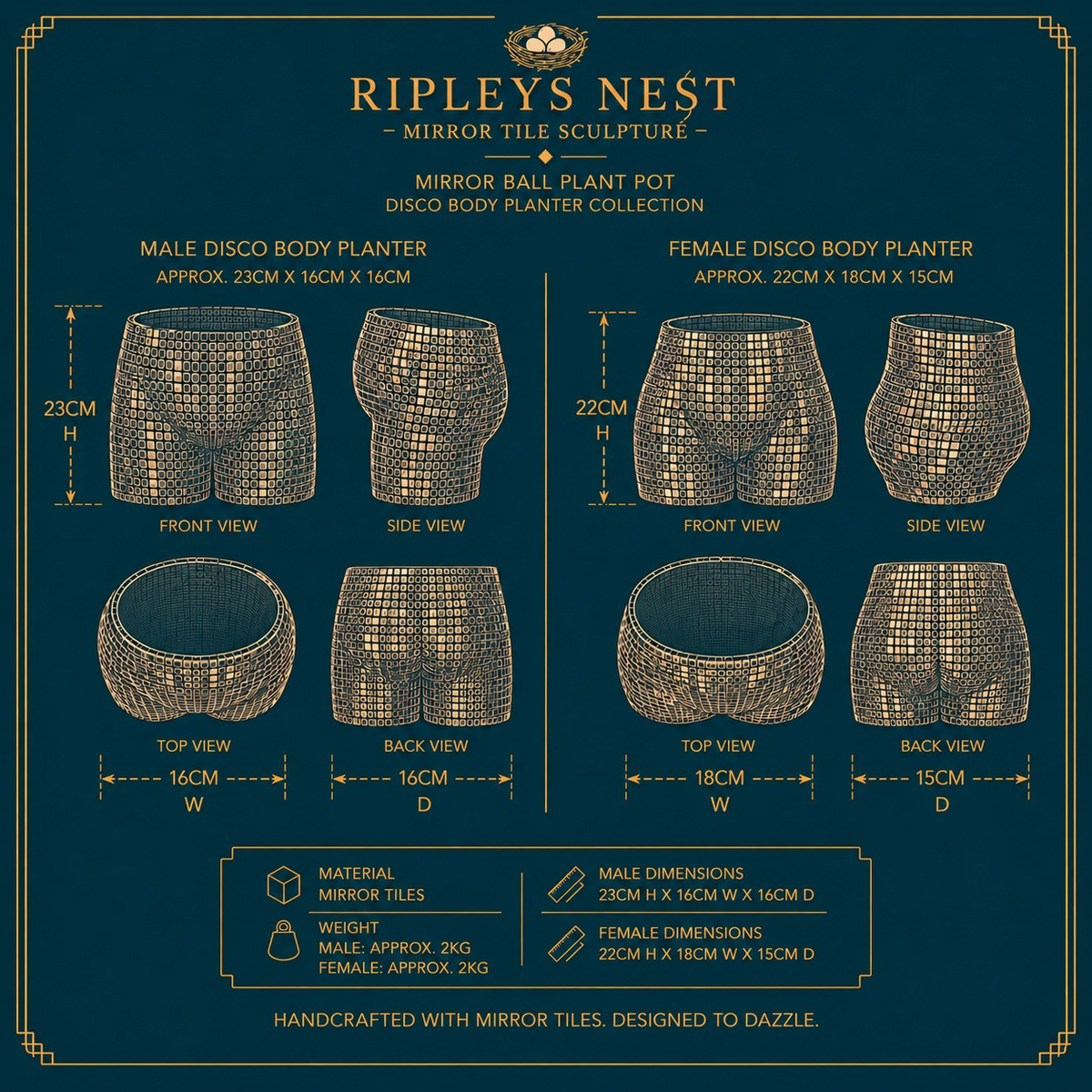 Dimensions for male and female silver mirror tile body planters