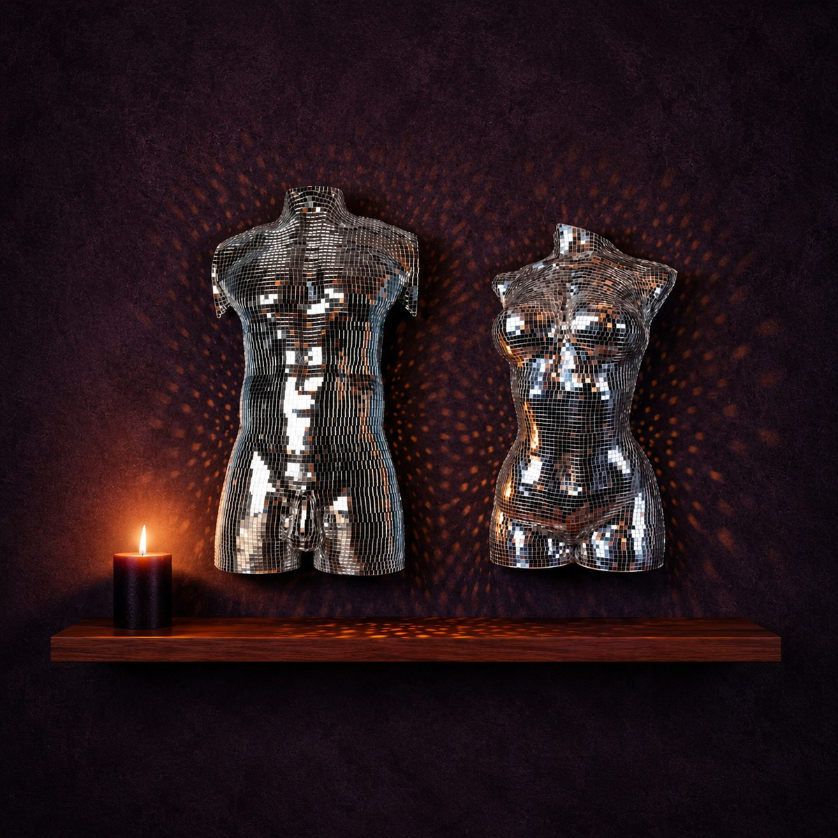 Midnight Icons mirror ball wall art duo on shelf with candle