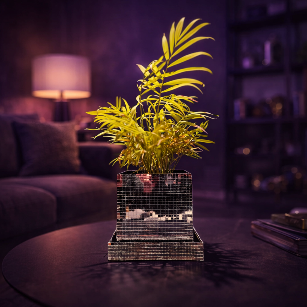 Mirror tile disco cube planter with palm on coffee table in purple room