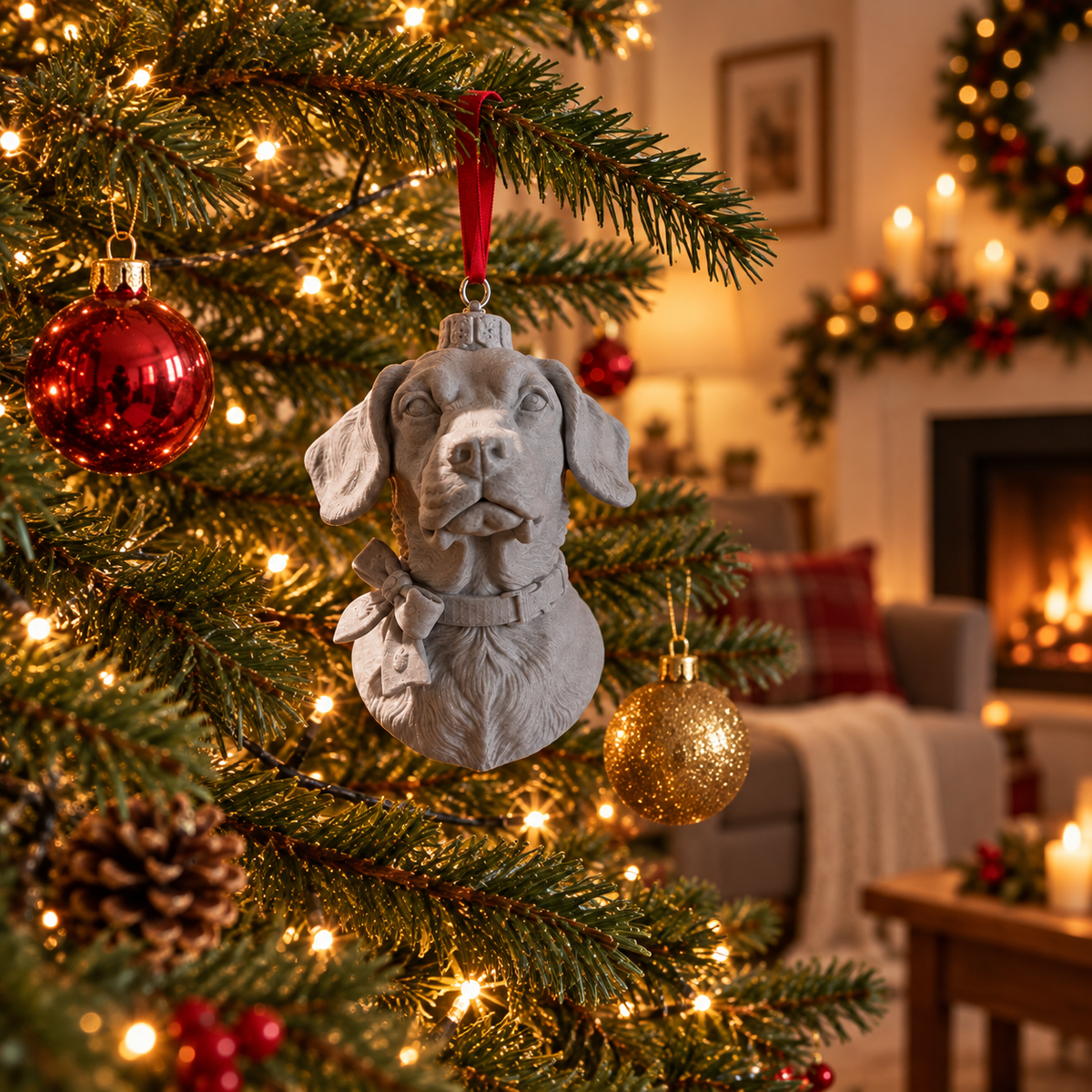Grey marble-effect 15 cm personalised pet portrait bauble hanging naturally beside ordinary 7 to 8 cm Christmas ornaments