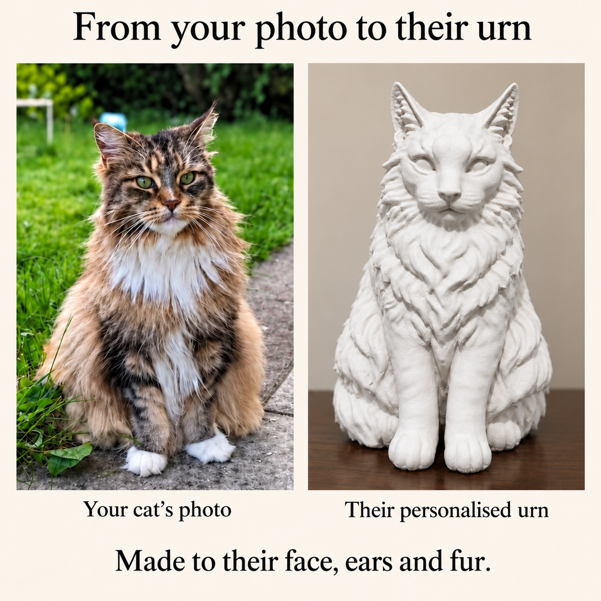 Chalk off-white personalised cat urn: photo to personalised urn