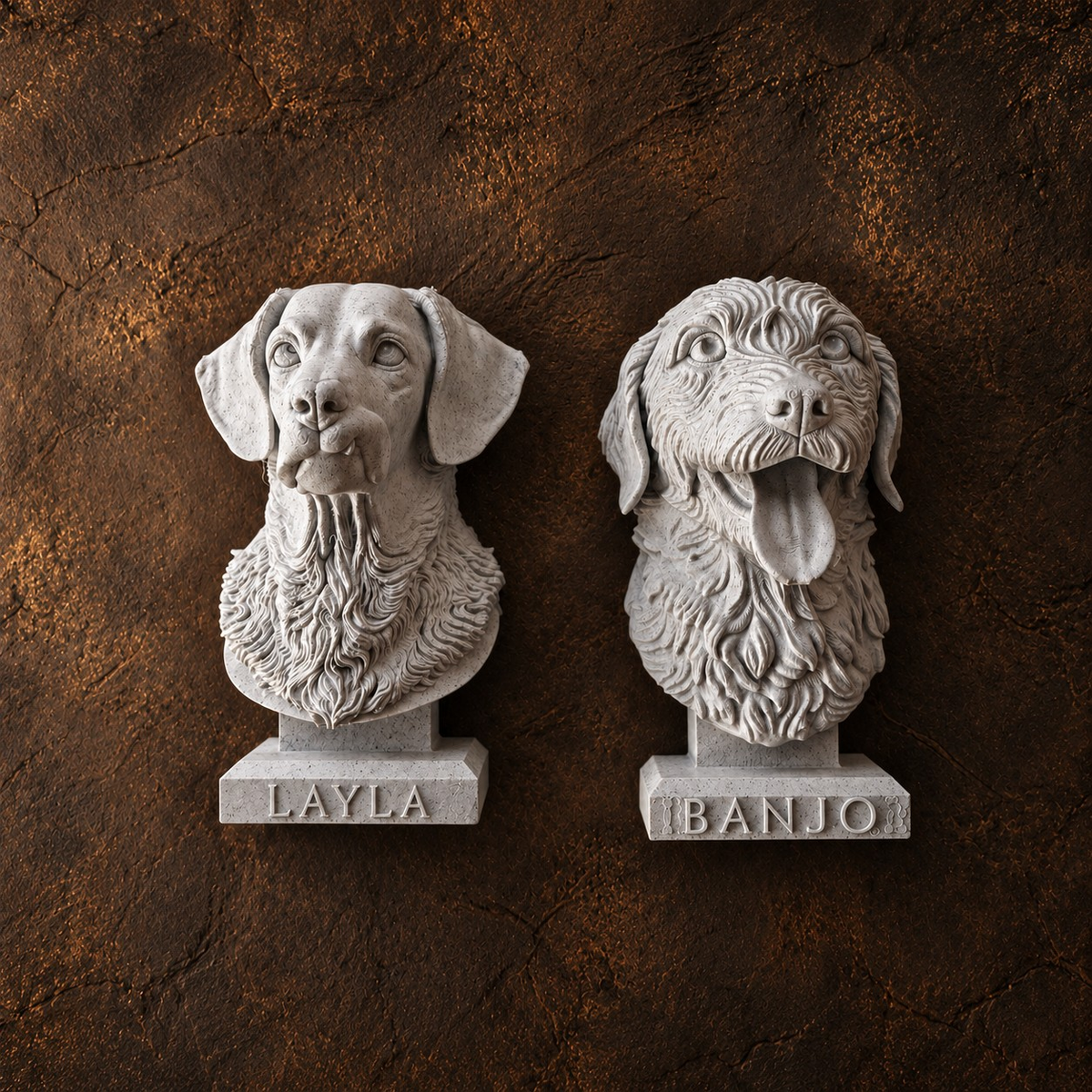 Two personalised dog memorial wall sculptures with engraved name bases