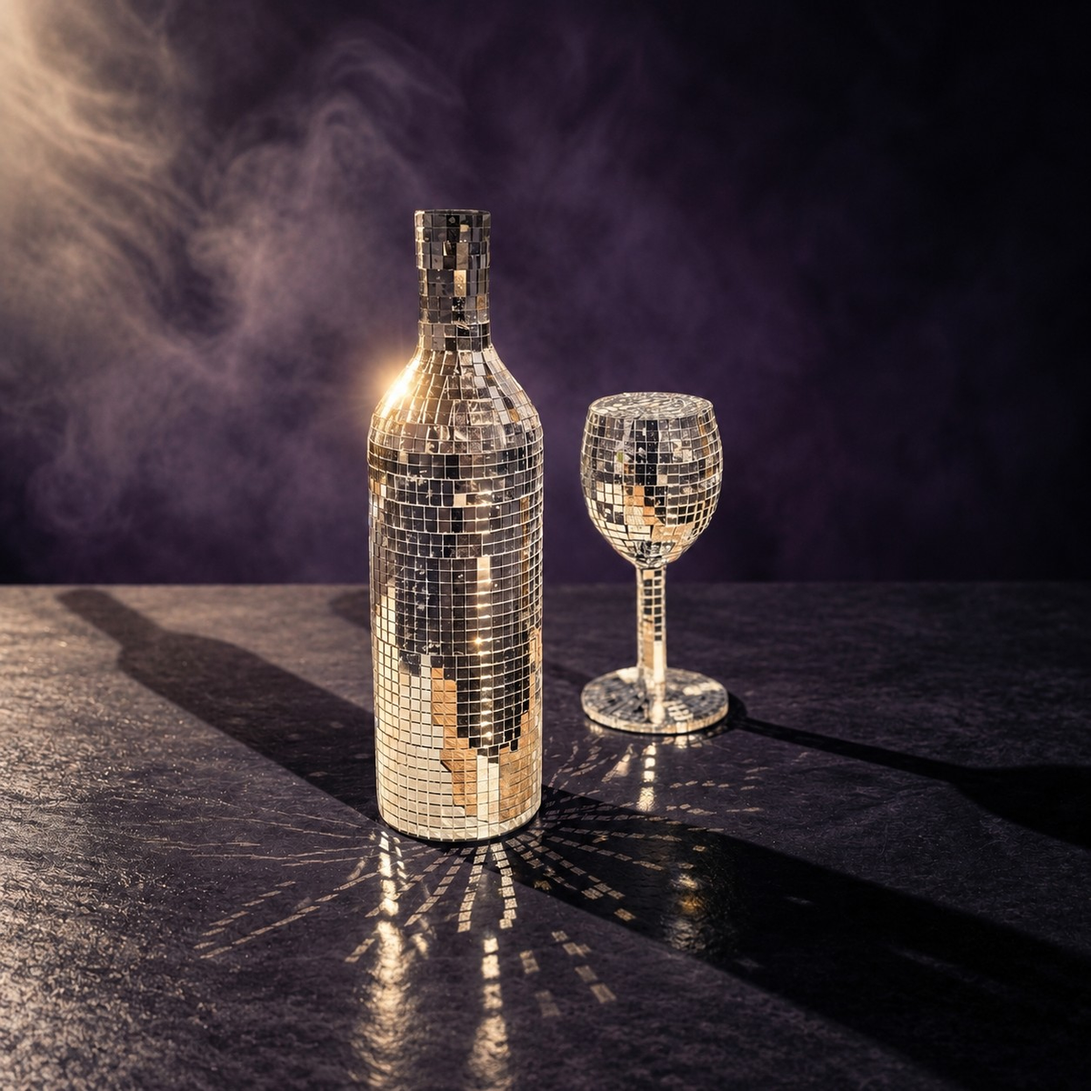 Silver mirror wine bottle and wine glass in smoky studio lighting