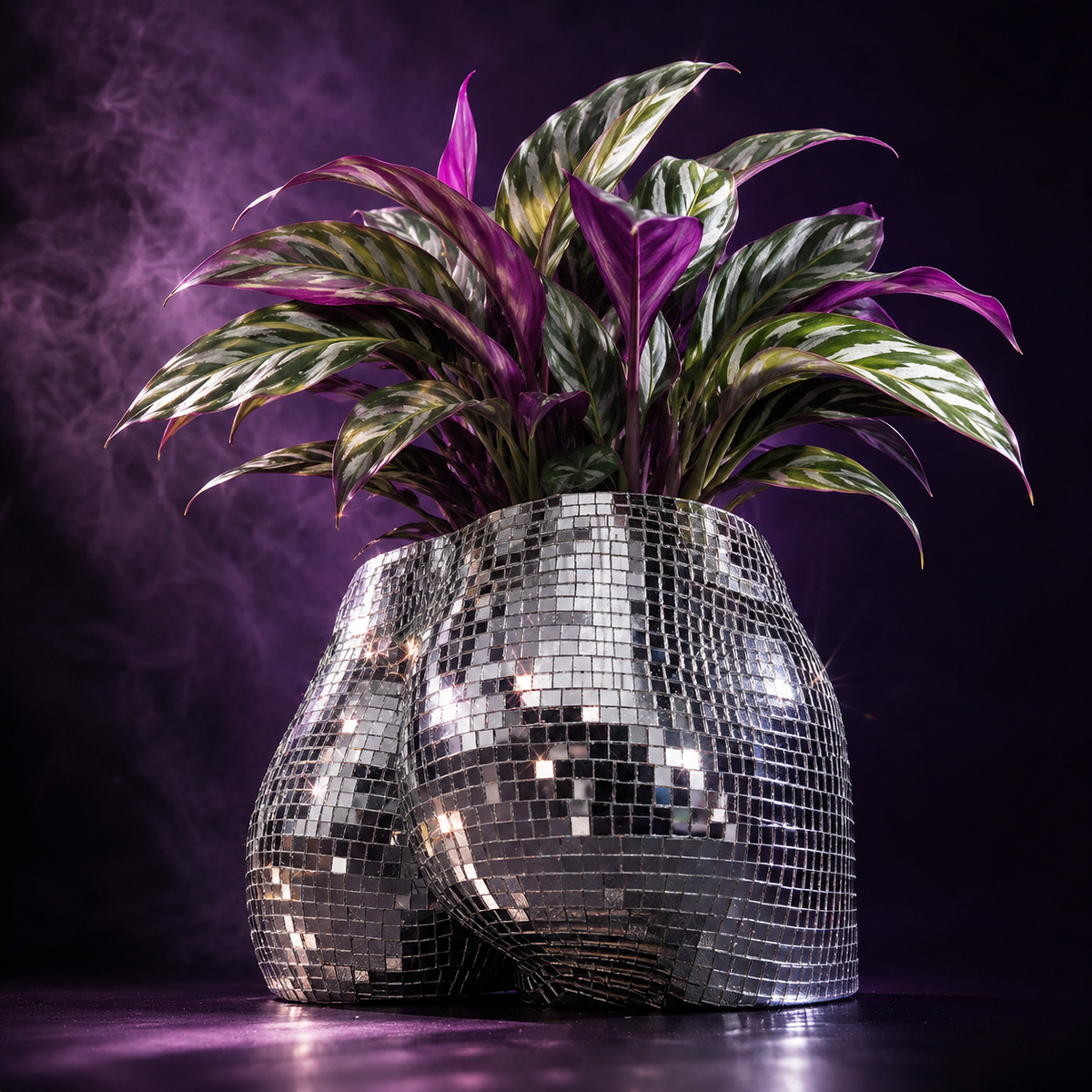 Female silver mirror tile body planter with purple and green houseplant