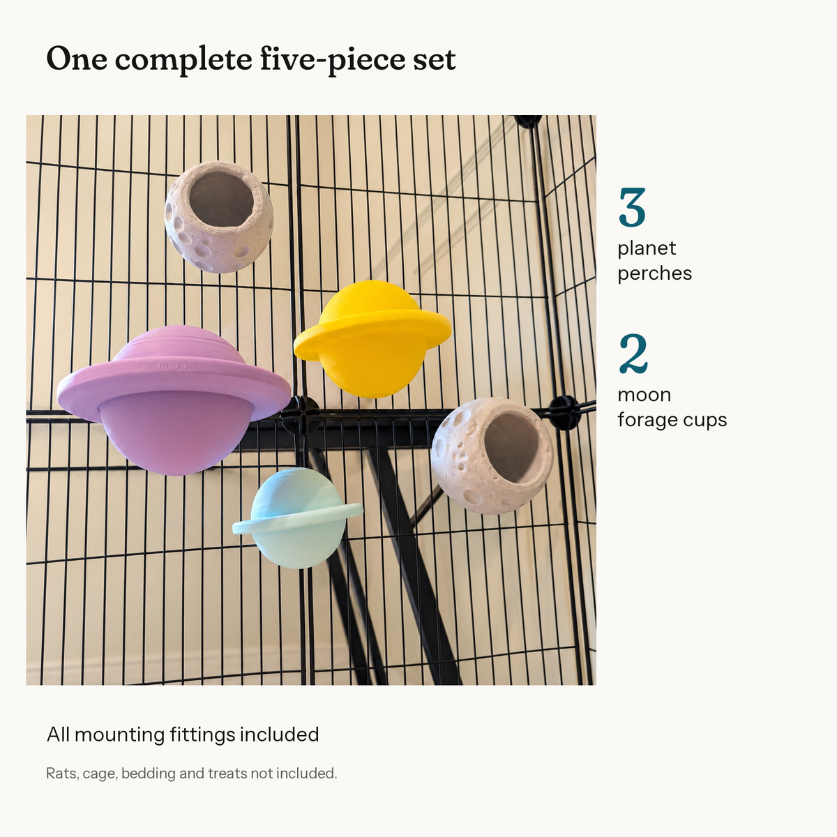 Diagram showing three planet perches, two moon forage cups and included mounting fittings