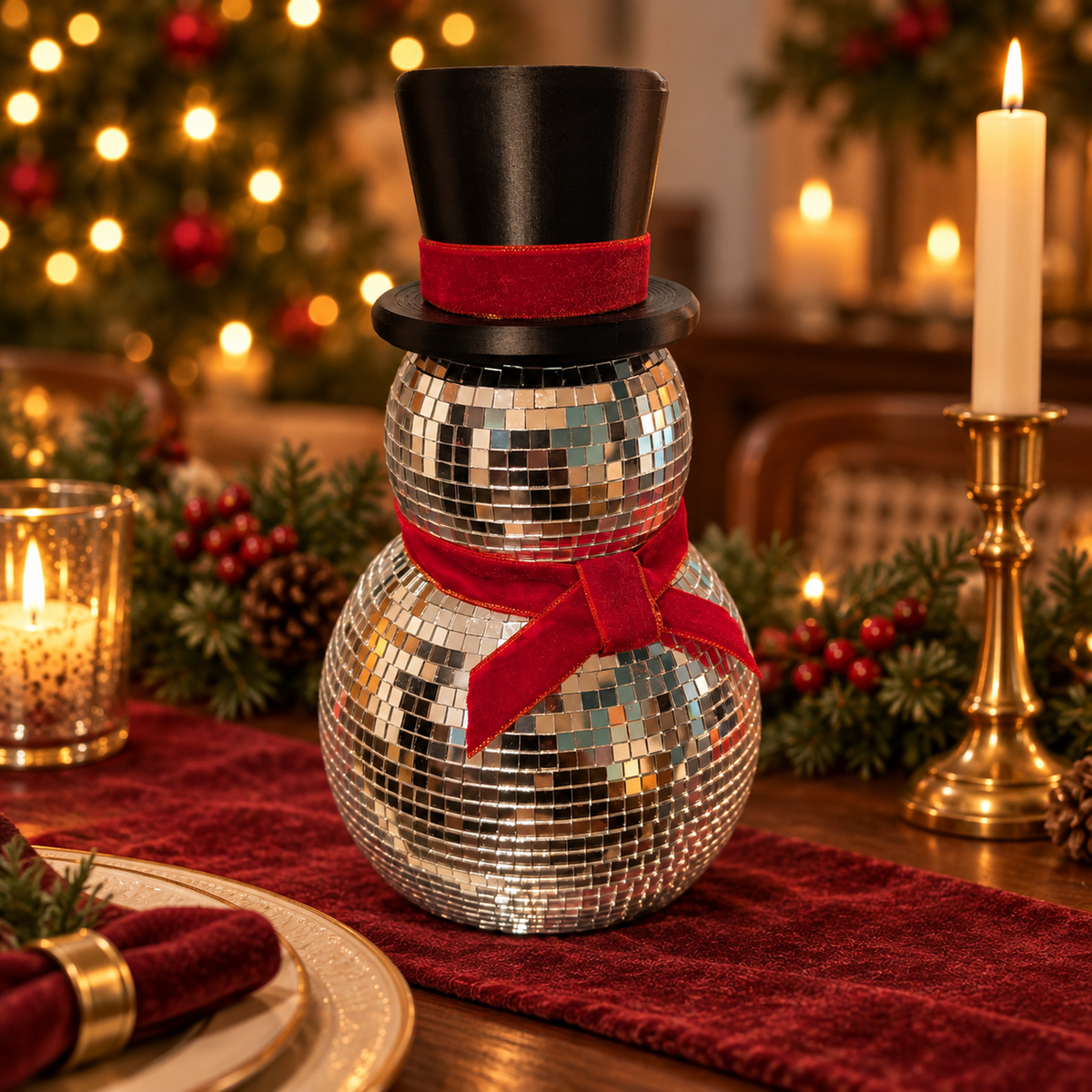 Three-quarter view of the silver mirrored snowman