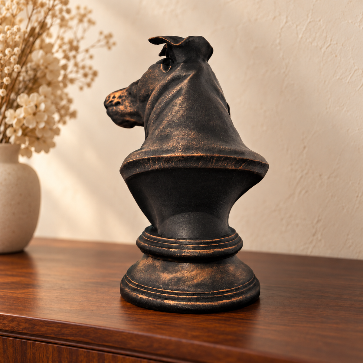Rear form and painted texture in black with copper-painted highlights
