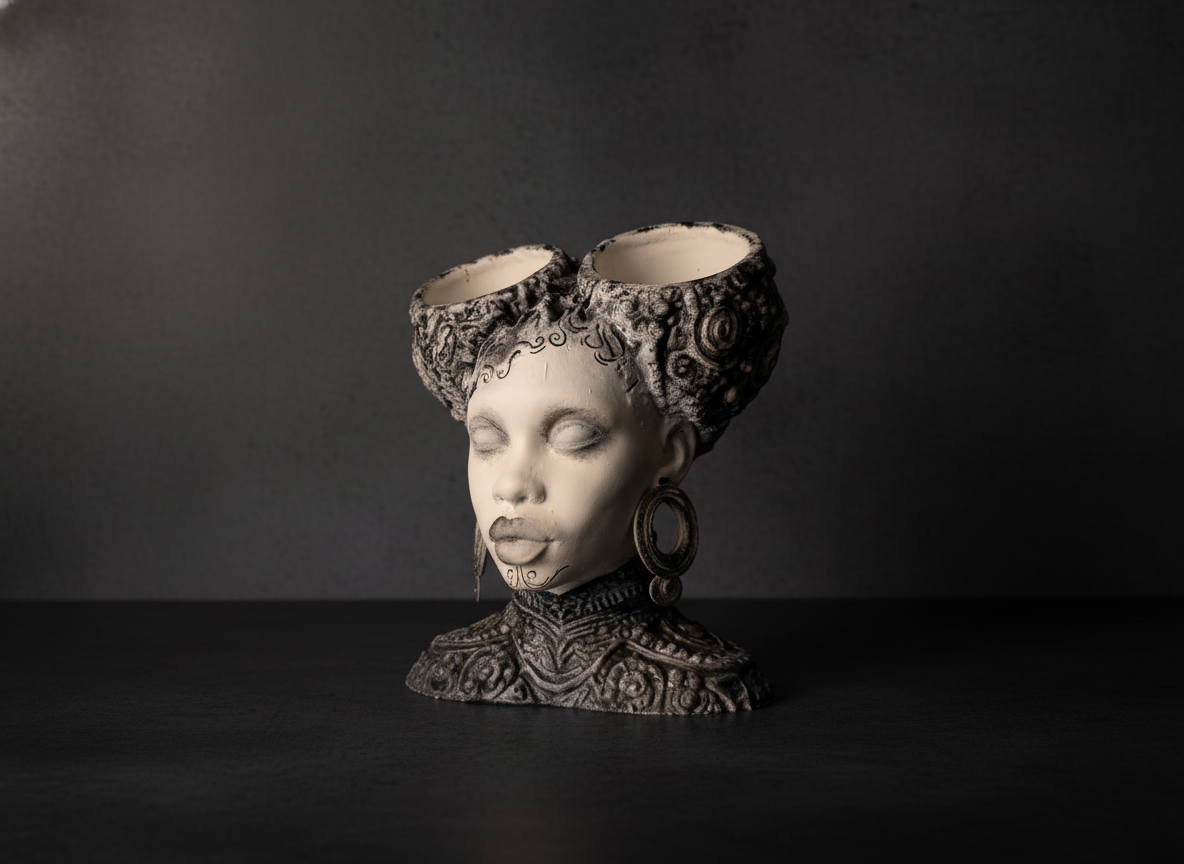 Three-quarter right view of the unplanted gothic twin bowl head planter