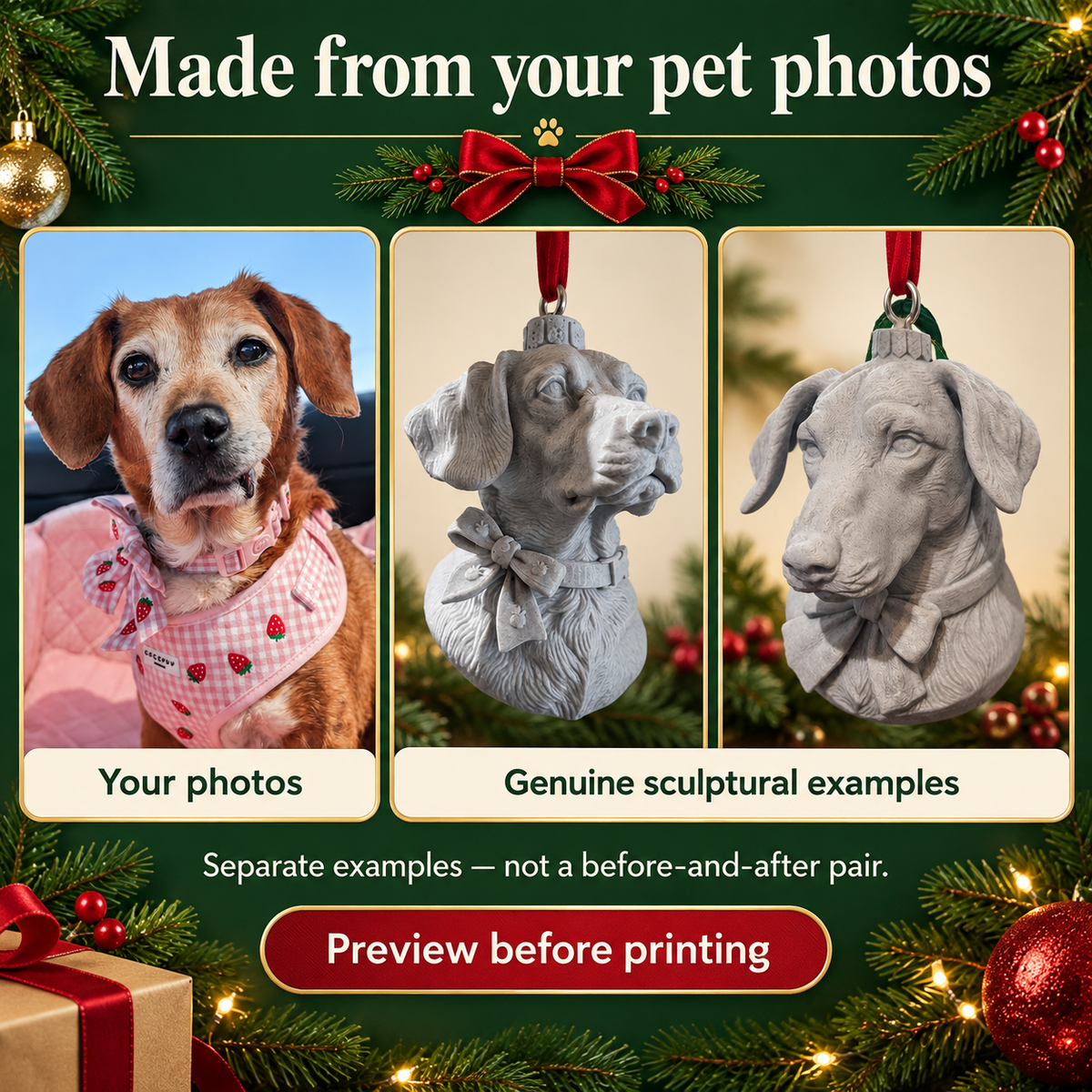 Pet photo and sculptural portrait examples with preview before making