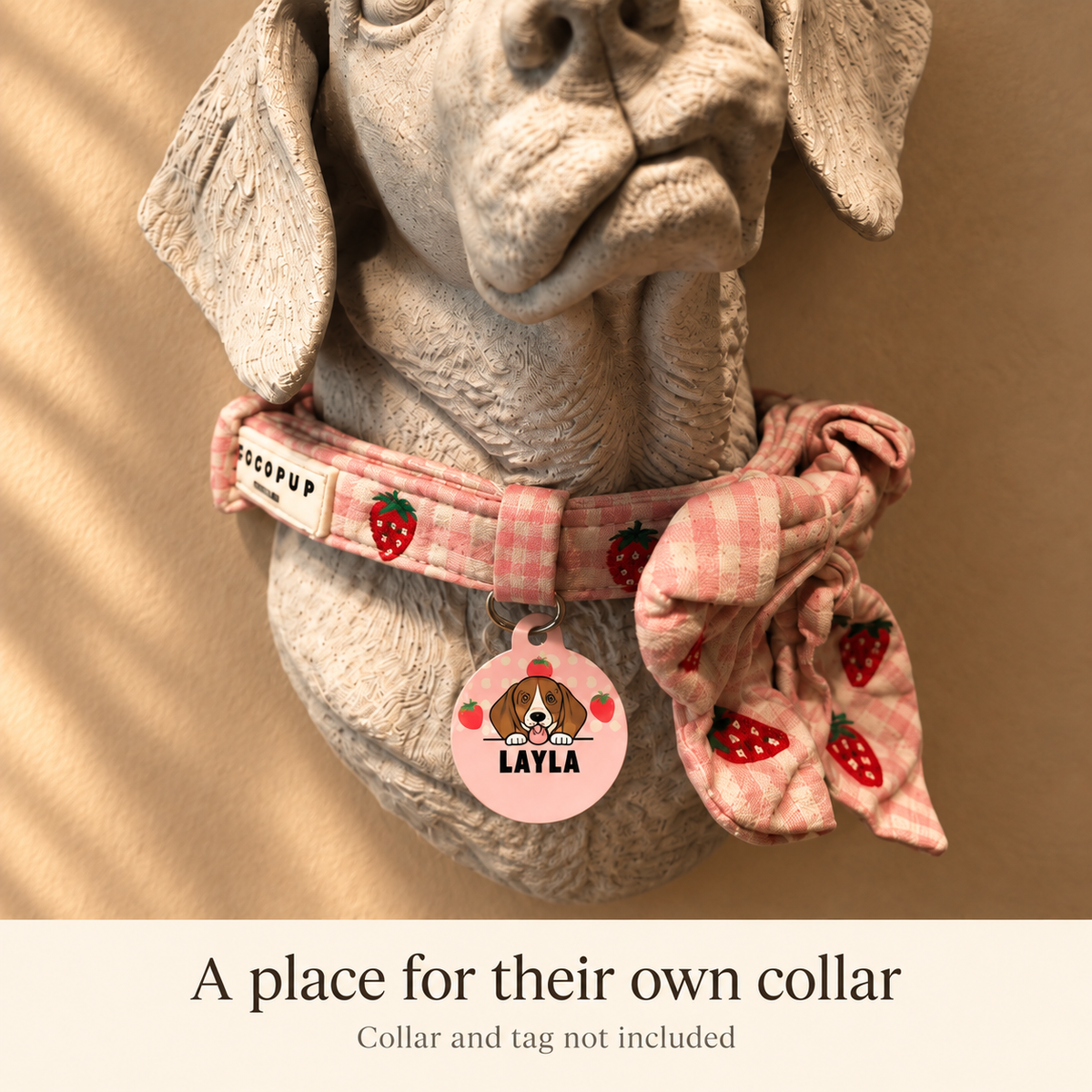 Close view of the collar around the sculpted neck; collar and tag not included