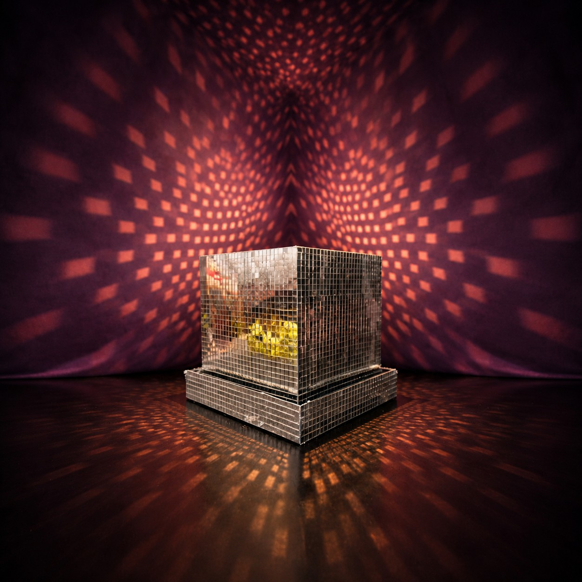 Mirror tile disco cube planter casting light patterns on surrounding walls