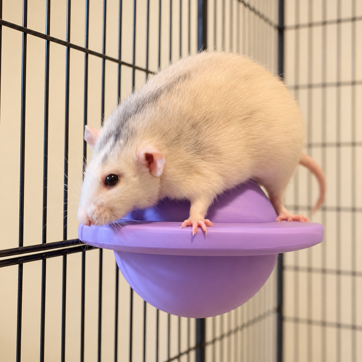 Real rat using the lilac planet perch mounted on cage bars