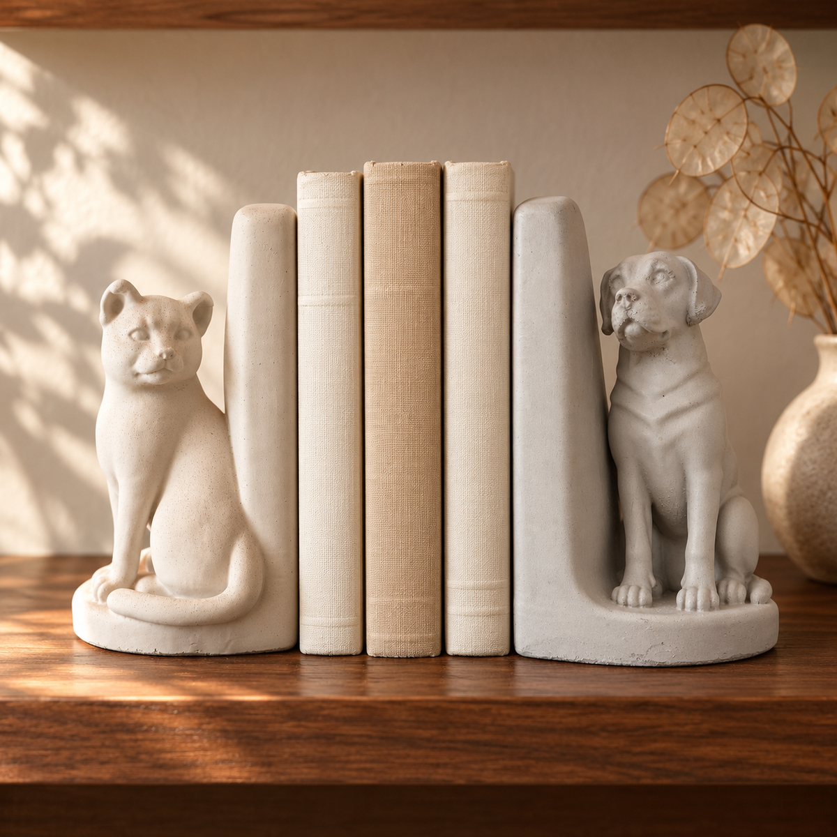 Cat and dog portrait bookends around three books