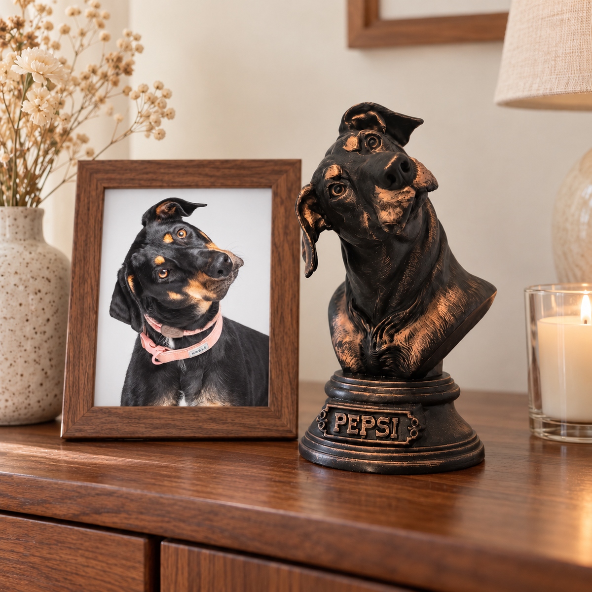 Pepsi keepsake corner with matching head-tilt photo in black with copper-painted highlights