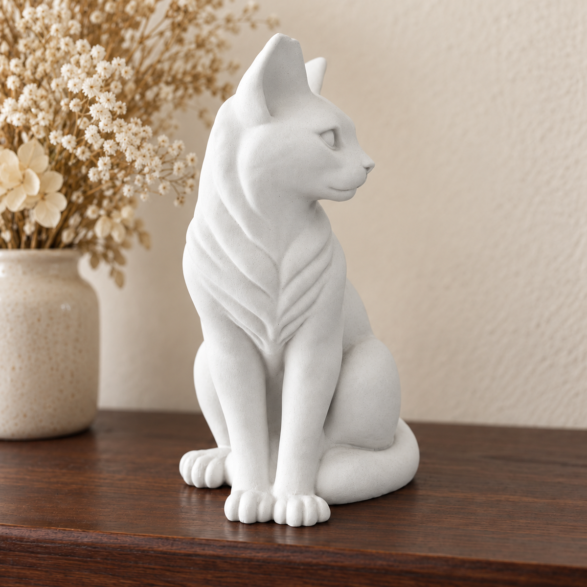 Chalk off-white personalised cat urn: short-haired profile