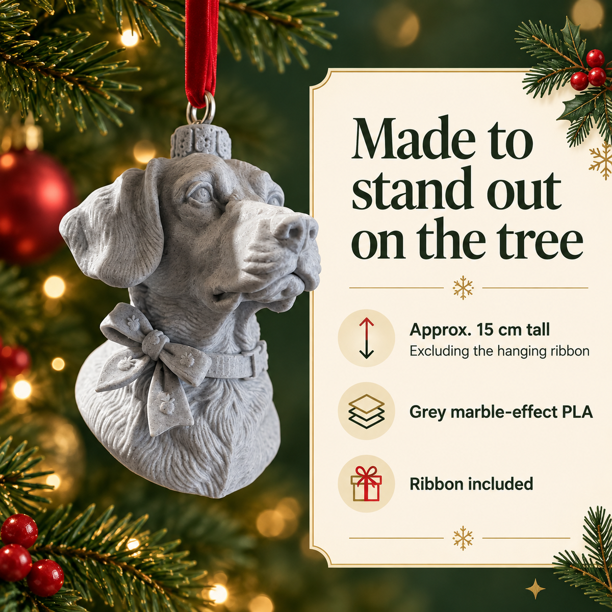 Personalised pet bauble size, grey marble-effect finish and ribbon details