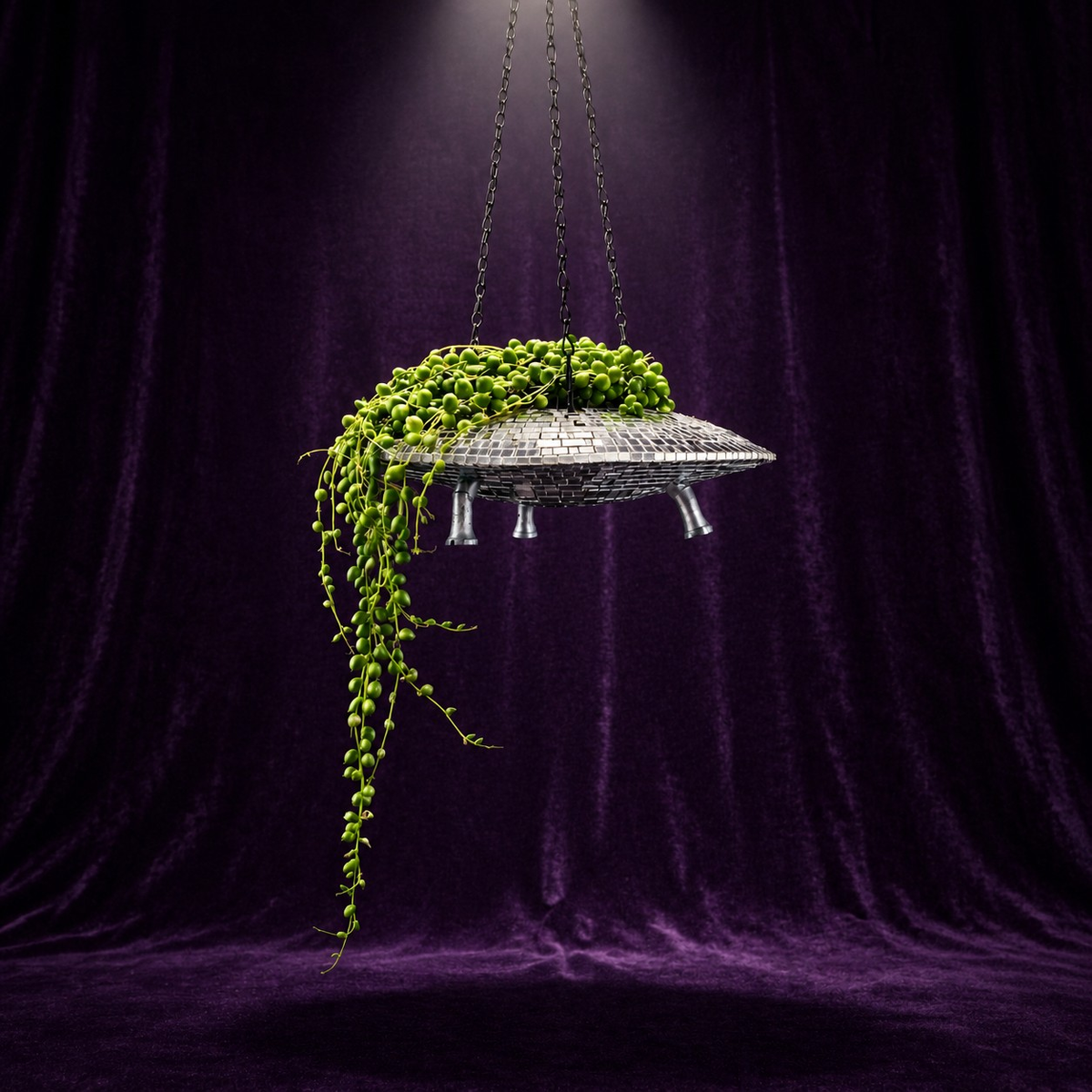 The Mothership disco mirror ball hanging planter - 04-spotlight-pearls
