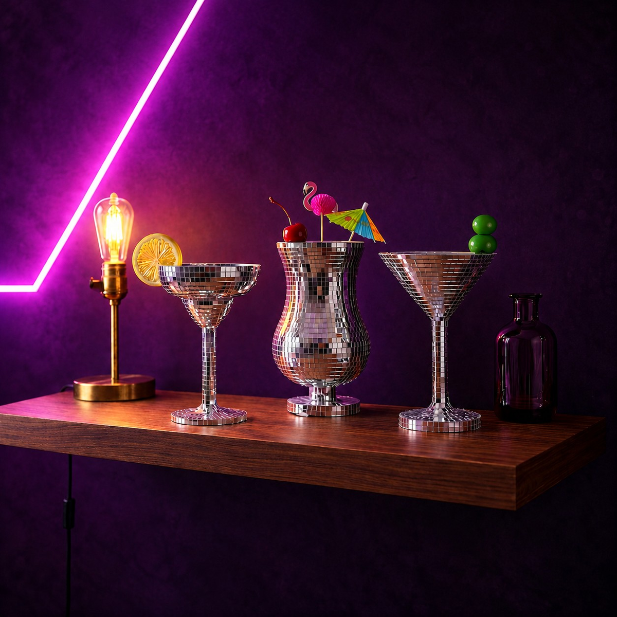 Three silver mirror cocktail glasses on a wooden bar shelf