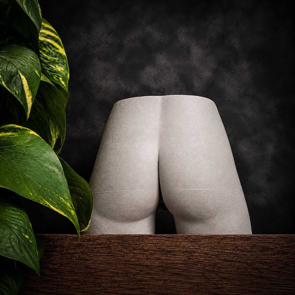 Cheeky Bum cast stone planter styled on dark shelf with green leaves