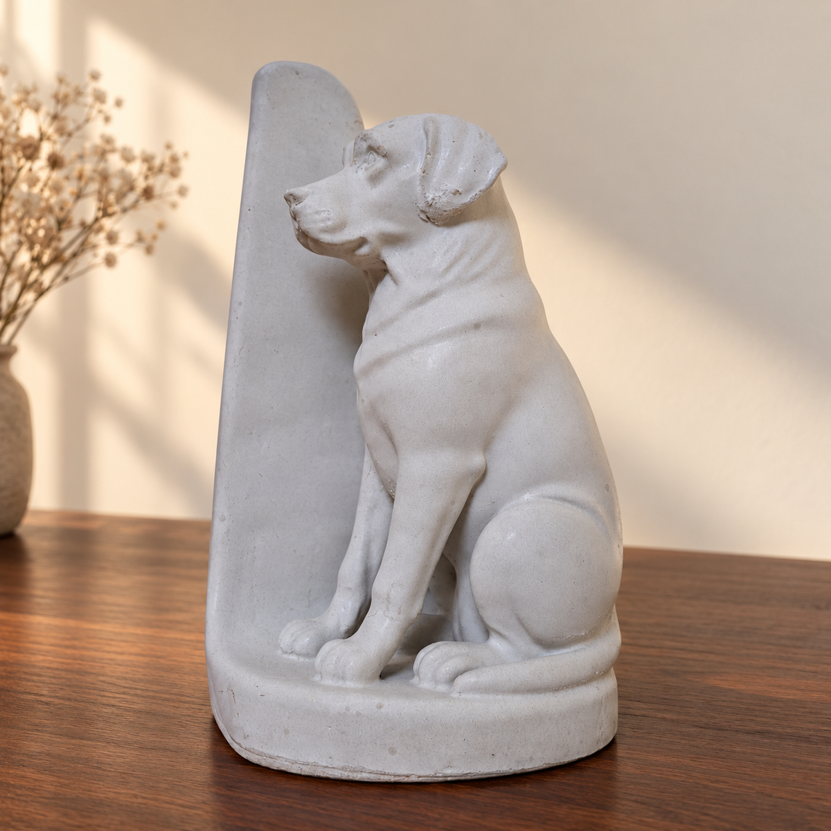 Side view of dog bookend and backing support