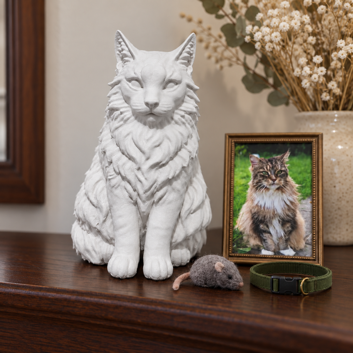 Chalk off-white personalised cat urn: fluffy cat mantel memorial