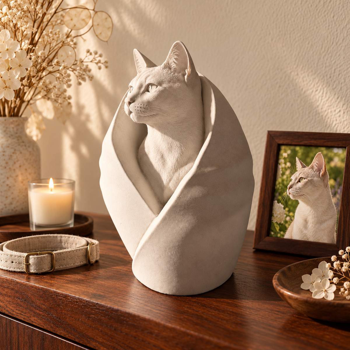 Wrapped cat urn with matching framed portrait, candle and collar on dark wood