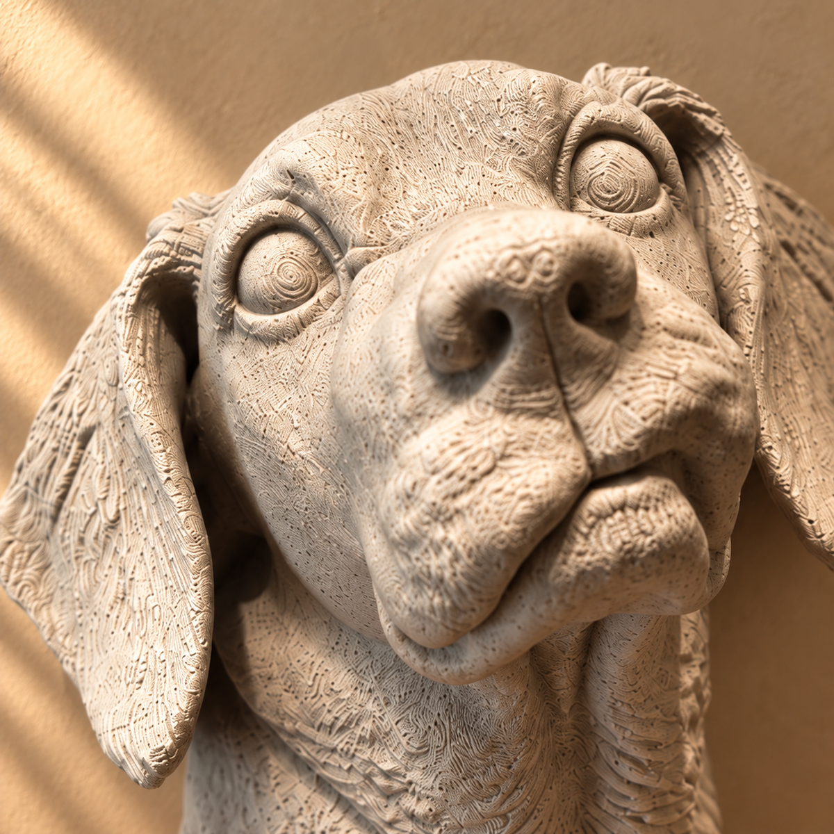 Close-up of the example pet portrait face and textured finish