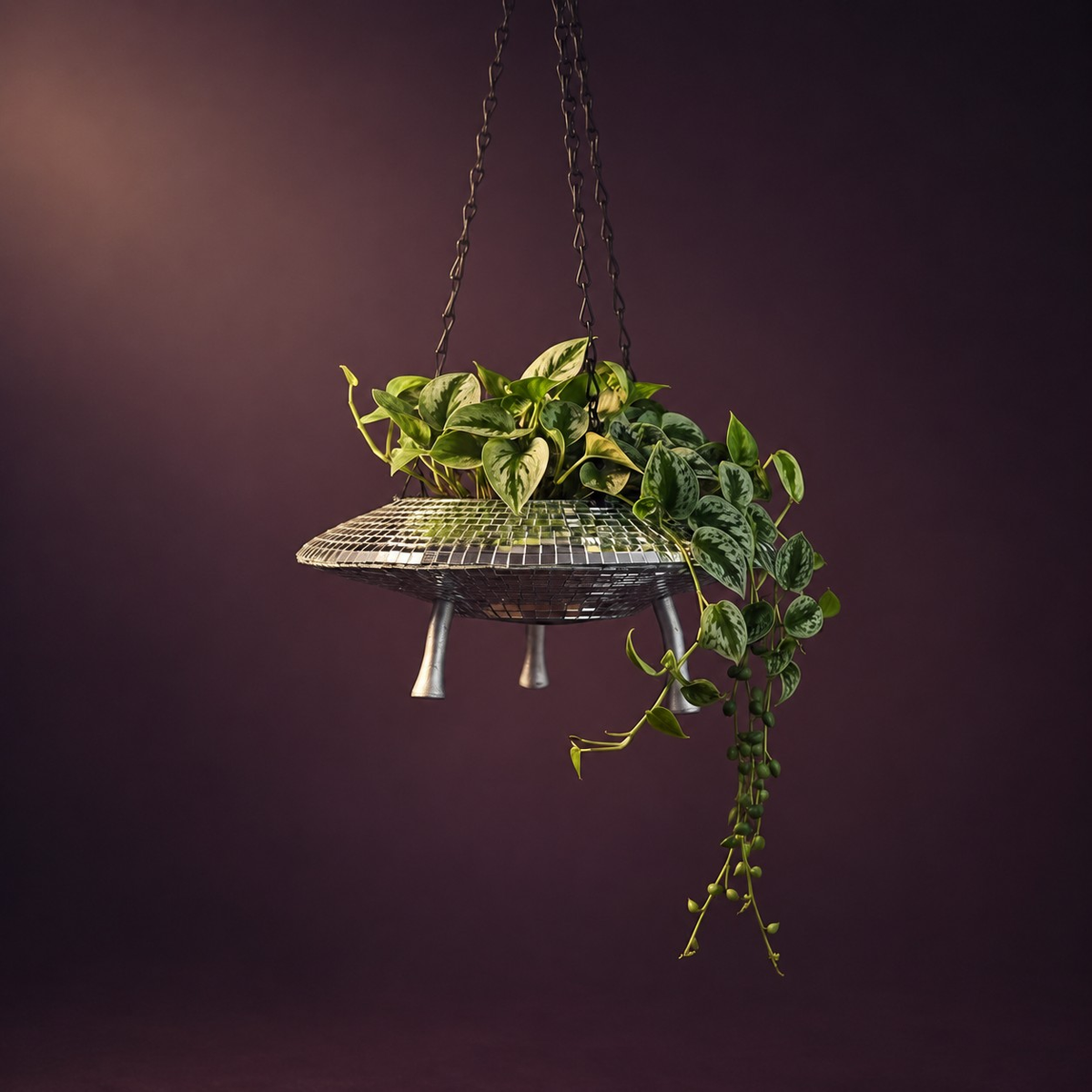 The Mothership disco mirror ball hanging planter - 05-silver-pothos