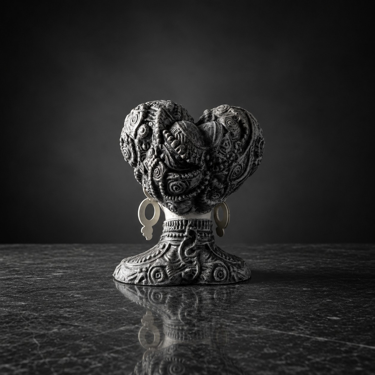 Back view showing the ornate baroque hair and twin bowls of the head planter