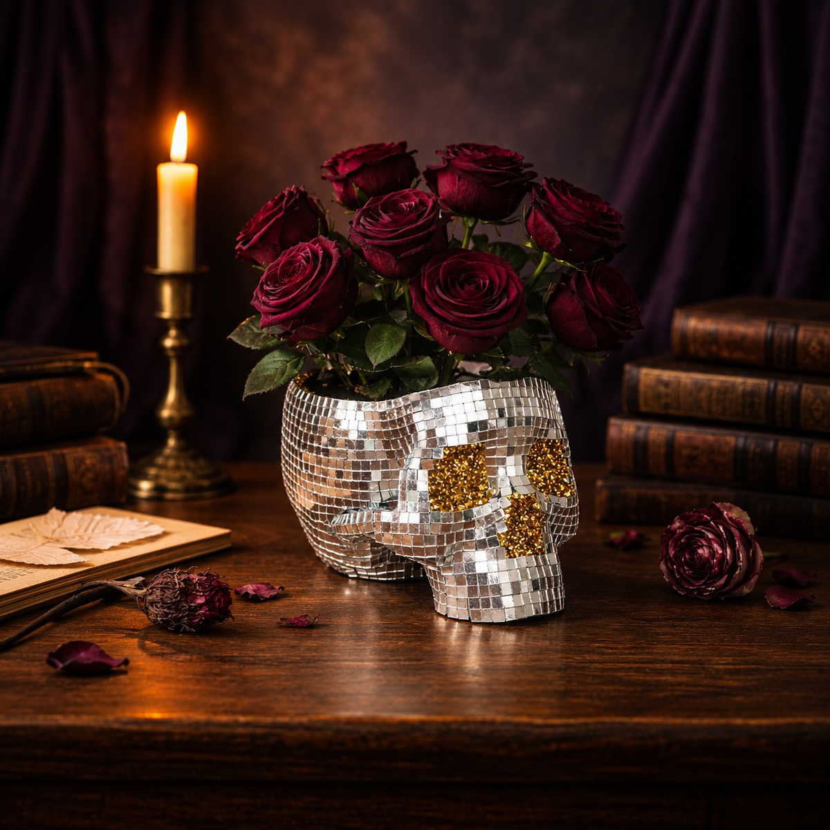 Disco skull planter filled with red roses beside a candle and stacked books