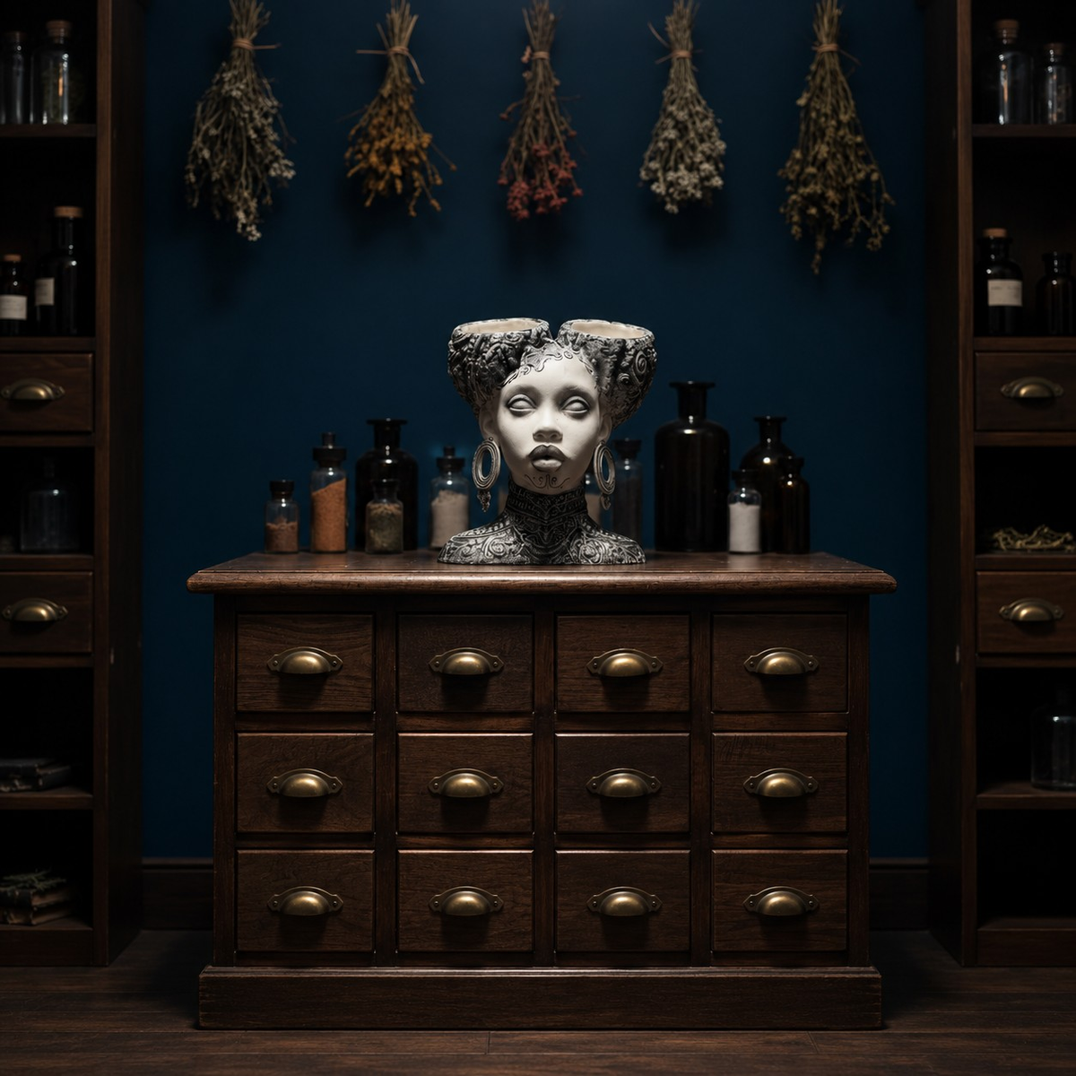 Necronomia head planter displayed on an apothecary chest with bottles and dried herbs
