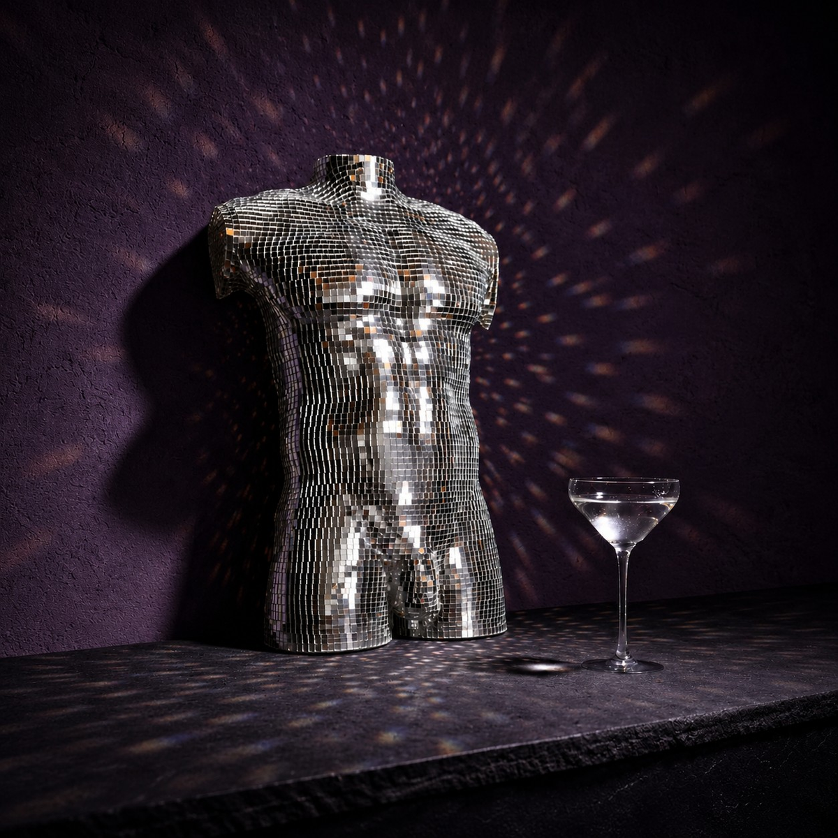After Hours mirror ball male wall art with cocktail glass lifestyle setting