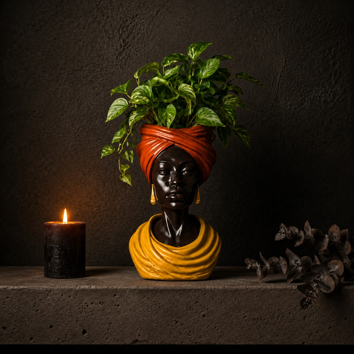 Golden Hour planter front lifestyle shot with candle and greenery