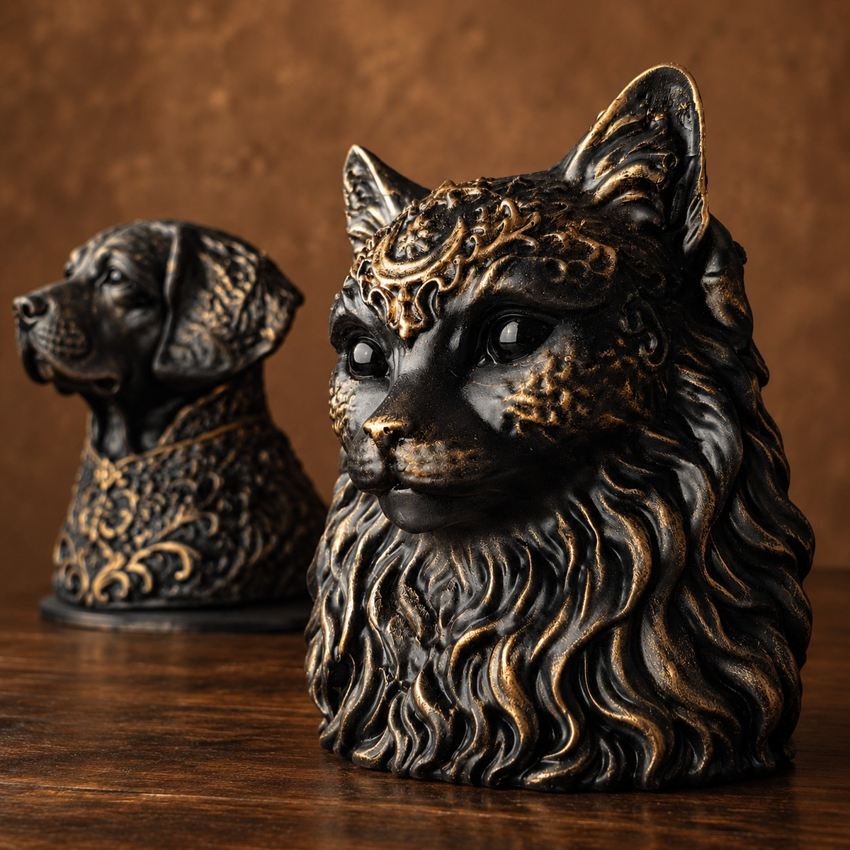 Close detail of custom cat planter with moon ornament and antique gold painted finish