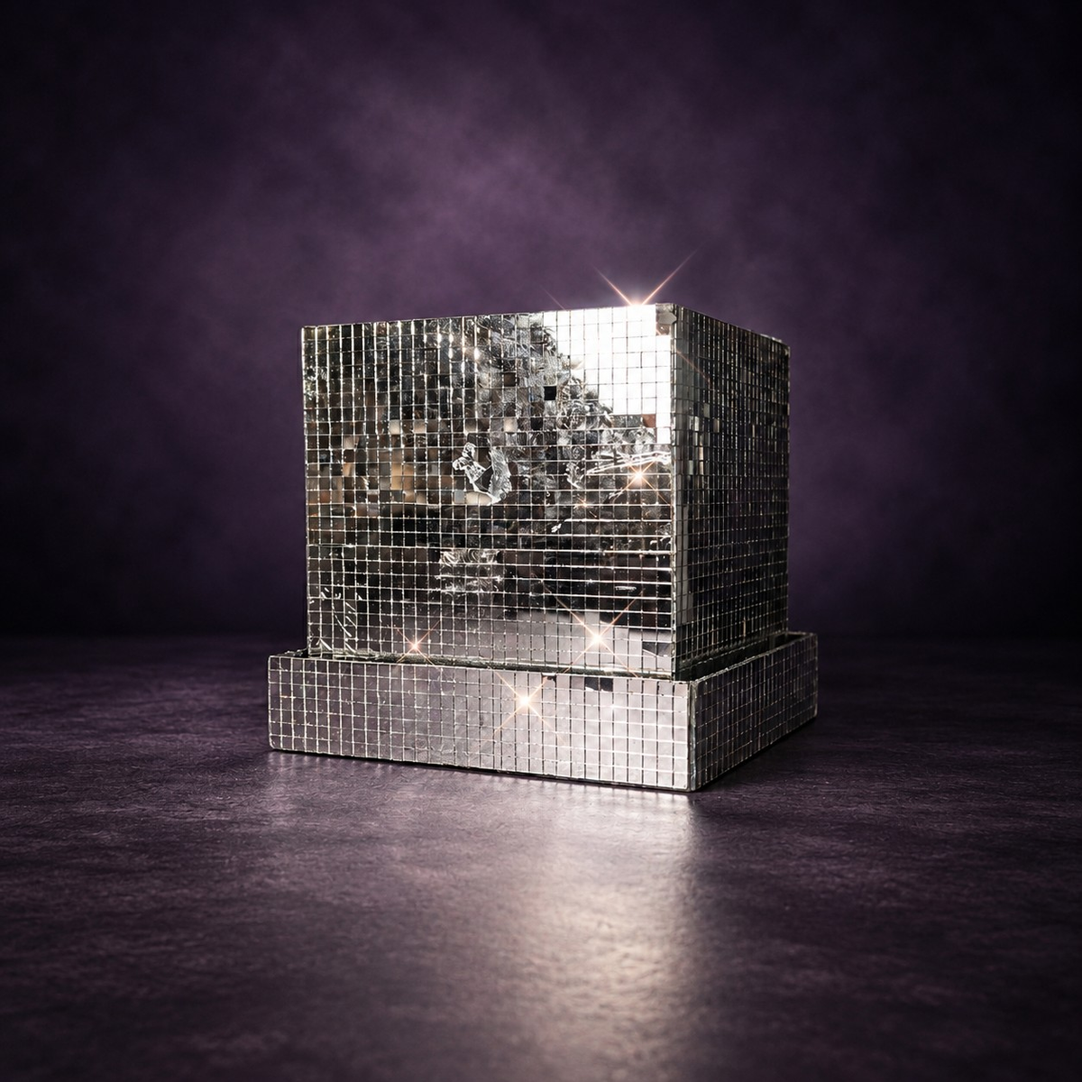 Mirror tile cube planter catching light with star sparkles on purple background