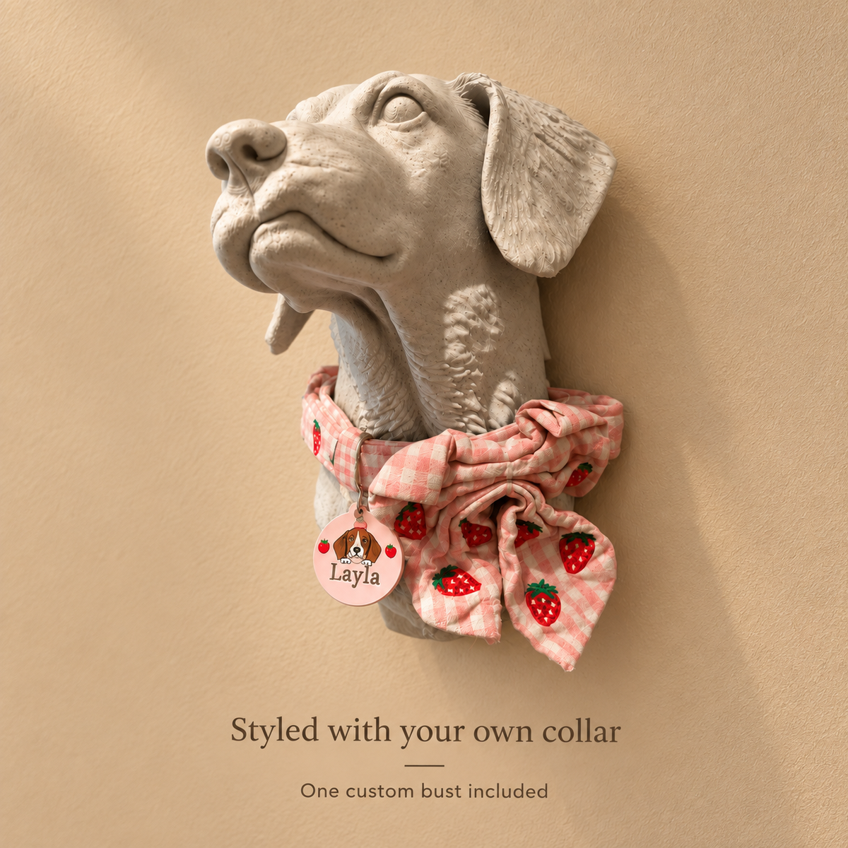 Three-quarter view of the wall bust styled with a collar; one custom bust included