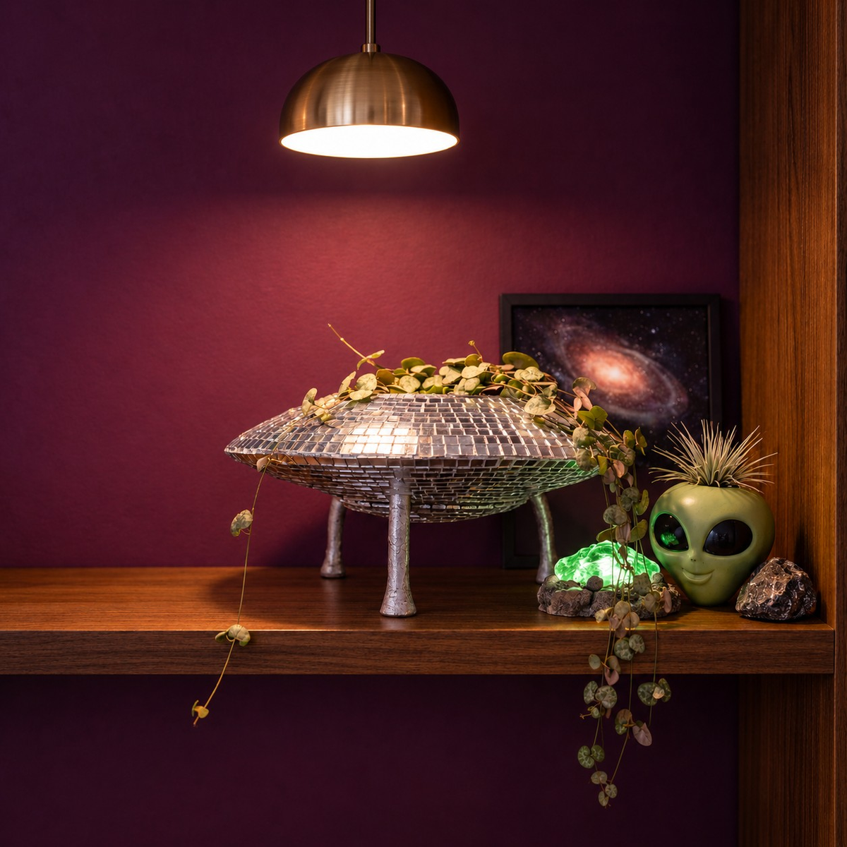 The Mothership disco mirror ball hanging planter - 07-alien-shelf-2