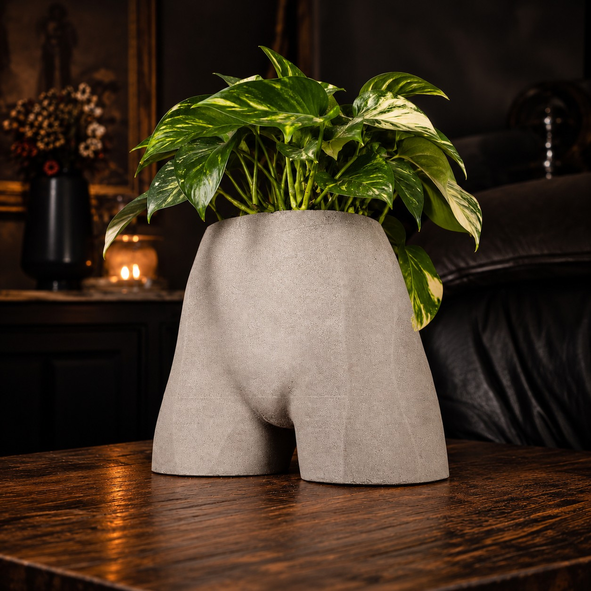Front lifestyle view of Cheeky Bum cast stone planter with green houseplant
