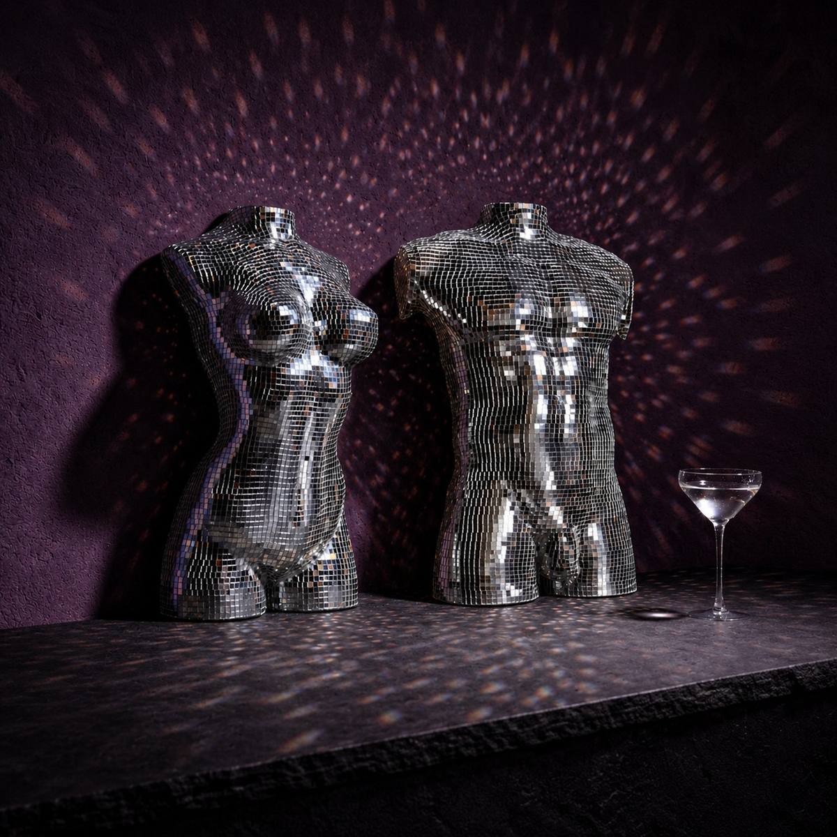 Midnight Icons mirror ball wall art duo with cocktail glass