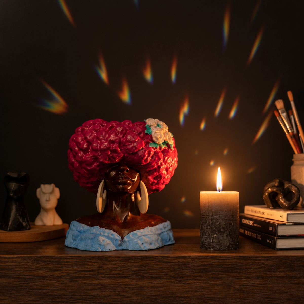 Girl Juice head planter styled on a shelf beside a lit candle and books