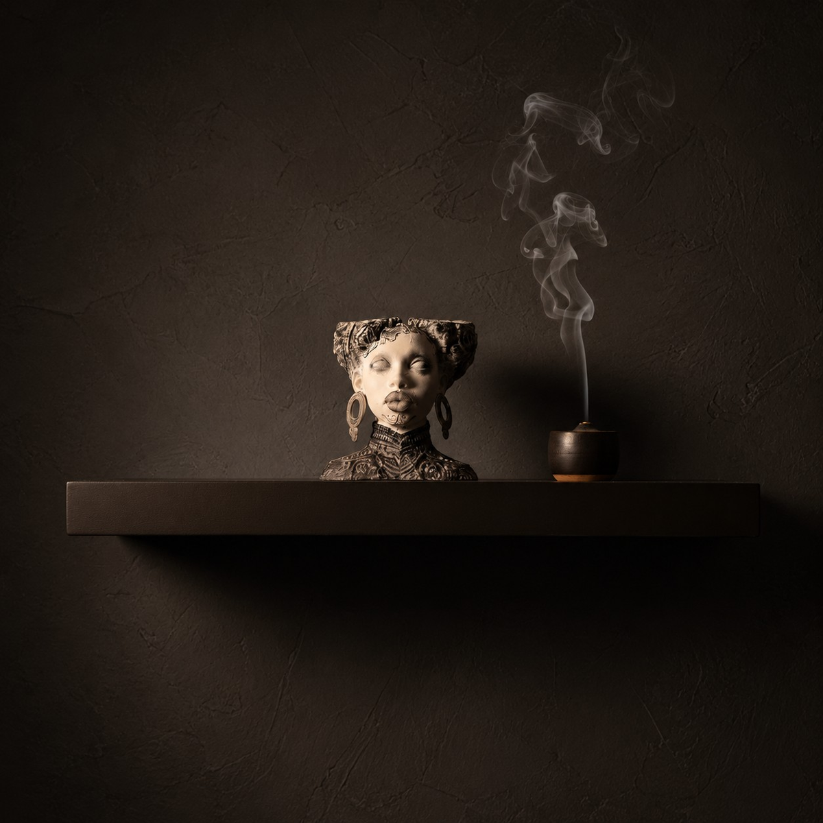 Necronomia head planter on a floating shelf beside incense smoke